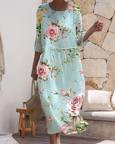 Helga | Stilfuld Blomstret Midi Kjole