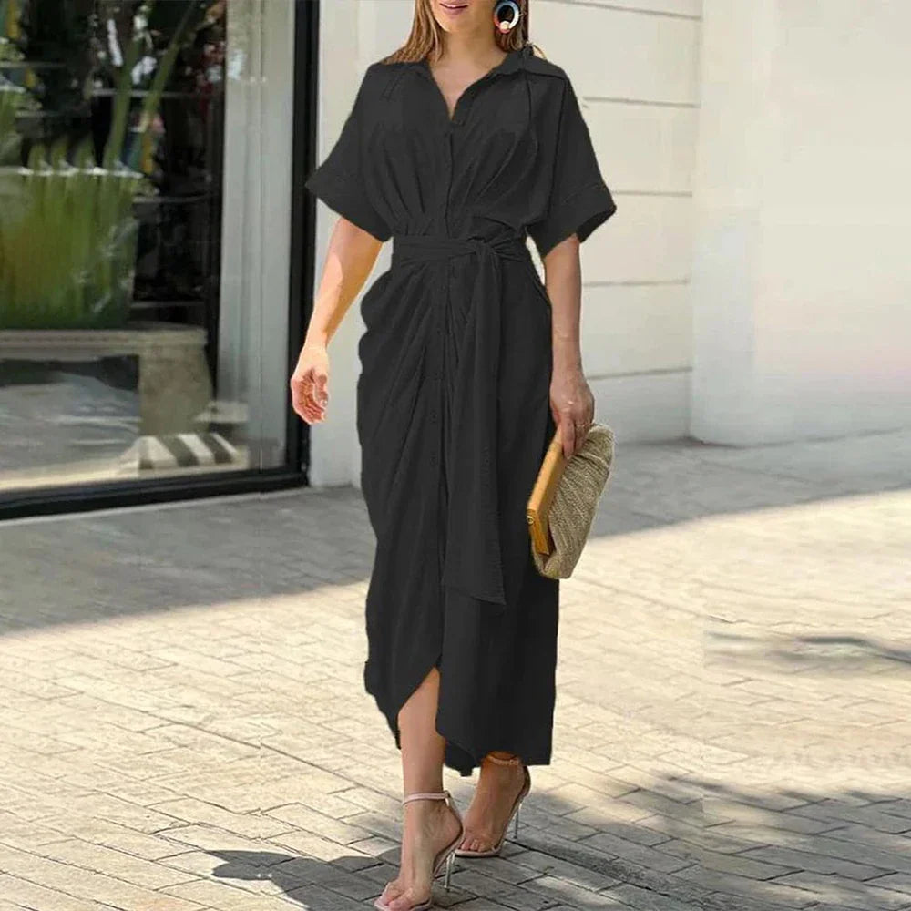 Amanda | Stilfuld Knaplukket Draperet Maxi Kjole