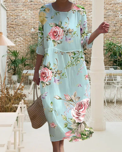 Helga | Stilfuld Blomstret Midi Kjole