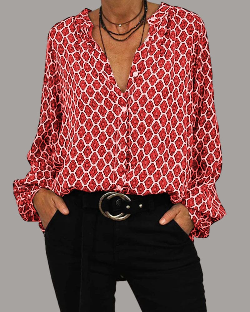 Grethe™ | Mønstret Skjortebluse med Knapper