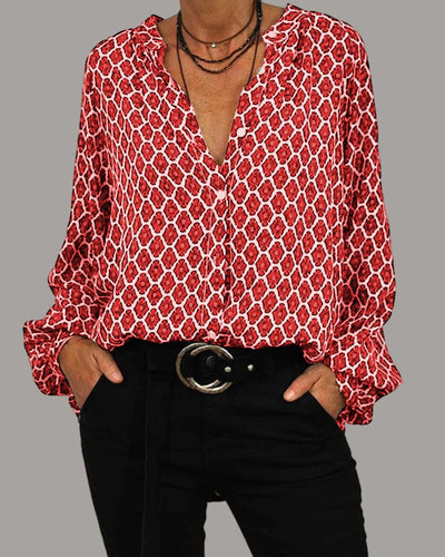 Grethe™ | Mønstret Skjortebluse med Knapper